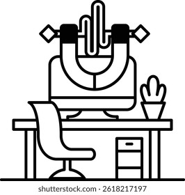 A computer monitor sits on a desk with a chair and a potted plant