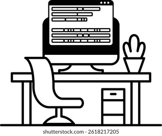 A computer monitor sits on a desk with a plant in a pot