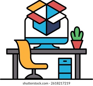 A computer monitor sits on a desk with a box in the foreground. The box is open and the computer monitor is turned on. The desk is cluttered with a chair, a potted plant, and a keyboard