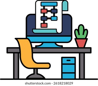 A computer monitor sits on a desk with a plant and a chair. The computer screen displays a diagram, and the desk is organized with a computer, a chair, and a potted plant