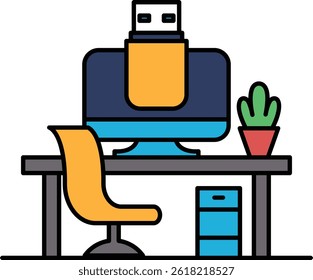 A computer monitor sits on a desk with a plant in a pot. The desk is cluttered with a keyboard, mouse, and a few books. Scene is that of a busy, productive workspace