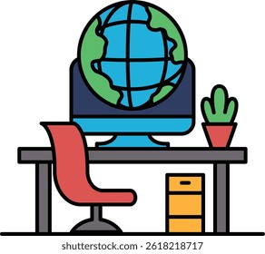 A computer monitor sits on a desk with a globe and a potted plant in front of it. The desk is set up for work or study, with a chair and a desk organizer. Concept of productivity and focus