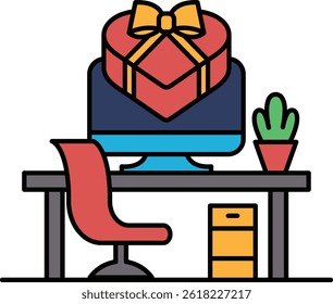 A computer monitor sits on a desk with a red chair and a potted plant. Concept of warmth and comfort, as the red chair and the plant add a touch of color and life to the workspace