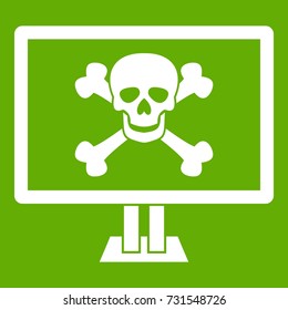Computer monitor with a skull and bones icon white isolated on green background. Vector illustration