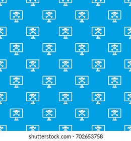 Computer monitor with a skull and bones pattern repeat seamless in blue color for any design. Vector geometric illustration