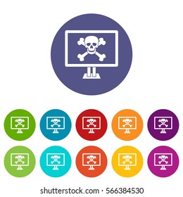 Computer monitor with a skull and bones set icons in different colors isolated on white background
