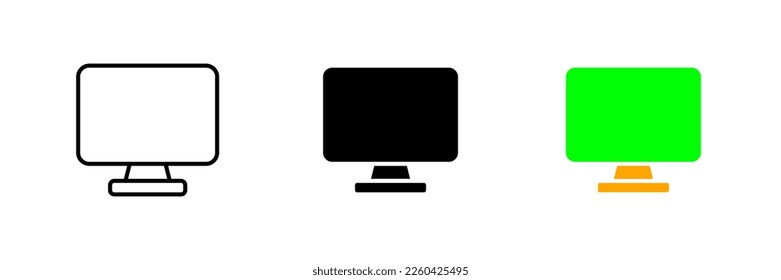 Computer monitor. Smart device, PC, personal, work station, user, modern technology, metaverse, VR, AR. Vector set icon in line, black and colorful styles isolated on white background
