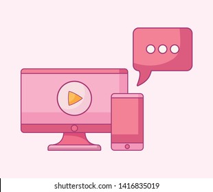 computer monitor with smartphone device and speech bubble