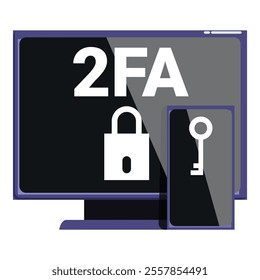 Computer monitor and a smartphone are displaying security information with a padlock and a key, illustrating the concept of 2fa