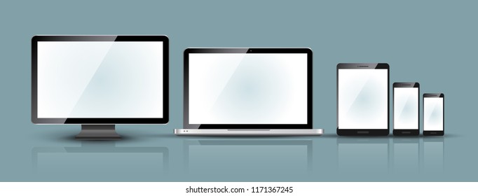 Computer monitor, smartphone, laptop and tablet pc design. Mobile phone smart digital device set.