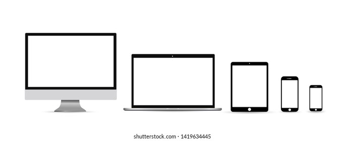 Computer monitor, smartphone, laptop and tablet pc design. Mobile phone smart digital device set icon - vector