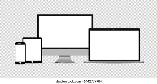 Computer monitor, smartphone, laptop and tablet pc design. Mobile phone smart digital device set icon - vector