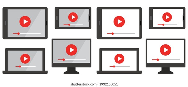 Computer monitor, smartphone, laptop and tablet pc design. Mobile phone smart digital device set. Movie player, play video button icon