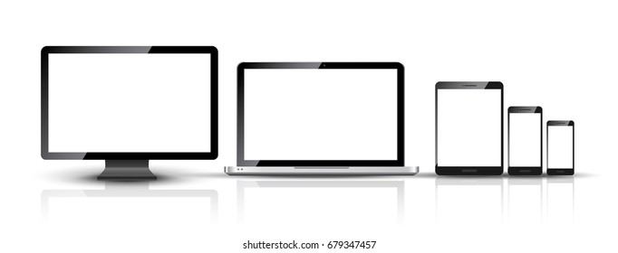 Computer monitor, smartphone, laptop and tablet pc design. Mobile phone smart digital device set