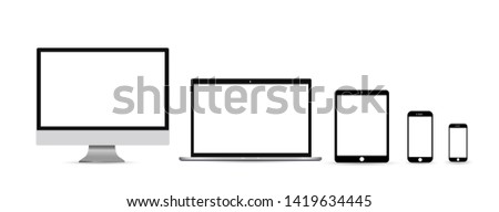 Computer monitor, smartphone, laptop and tablet pc design. Mobile phone smart digital device set icon - vector