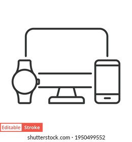 Computer monitor, smartwatch and mobile phone line icon. Simple outline style. Cloud connection between various smart devices concept. Vector isolated on white background. Editable stroke EPS 10.