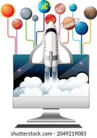 Computer monitor with space ship and planets illustration