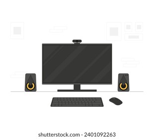 Computer monitor and speakers on white background. Vector illustration in flat style.