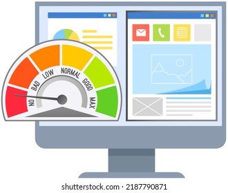 Computer monitor with speed test on screen. Load speed vector time. web browser with speedometer test showing fast good page load speed time illustration, seo analyzer. Internet site quick traffic