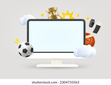 Computer monitor with sports elements and blank screen. 3d vector illustration