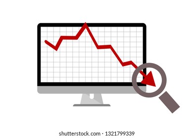 Computer monitor with stock market chart going down, inspecting with a magnifying glass showing crisis situation. 