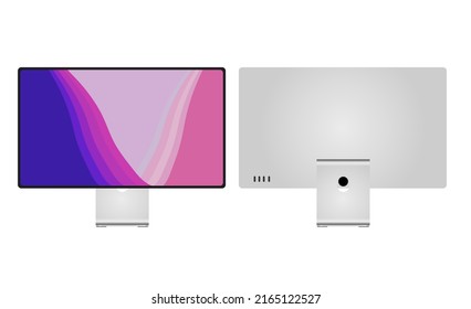 Computer monitor and studio display mockup front and back view. Vector