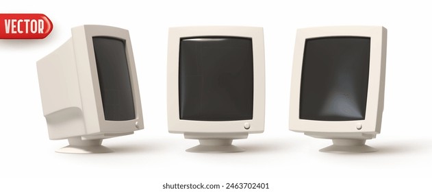 Computer monitor style model 90s. Set of realistic 3d rendering desktop monitor icons. Technology retro objects isolated on white background. Vector illustration