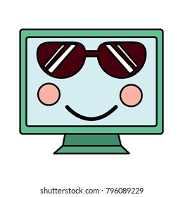 computer monitor with sunglasses kawaii icon image 