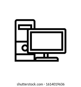 Computer monitor with system unit icon, Line pc system case symbol in outline style on white background