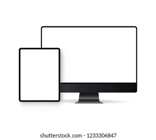 Computer monitor and tablet with blank screens isolated on white background. Modern electronic devices mockups for showcase your website designs. Vector illustration