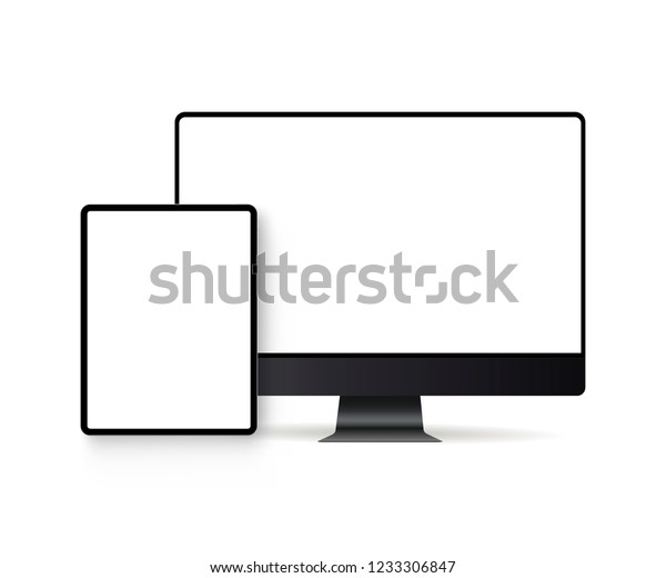 白い背景にコンピュータモニタと空の画面を持つタブレット ウェブサイトのデザインを紹介する最新の電子機器のモックアップ ベクターイラスト のベクター画像素材 ロイヤリティフリー