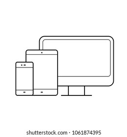 Computer monitor, tablet, phone devices vector line icon isolated on white background. Devices line icon for infographic, website or app. Adaptive web design concept.