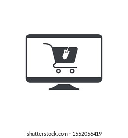 Computer monitor technology icon. Shopping cart, ecommerce, online marketing icon