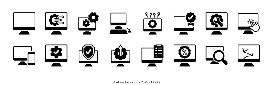 Computer monitor technology icon vector set. Containing settings, display, touch screen, guarantee, repair, mobile, protection, discount, search, specification, list, upgrade
