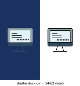 Computer, Monitor, Text, Education  Icons. Flat and Line Filled Icon Set Vector Blue Background