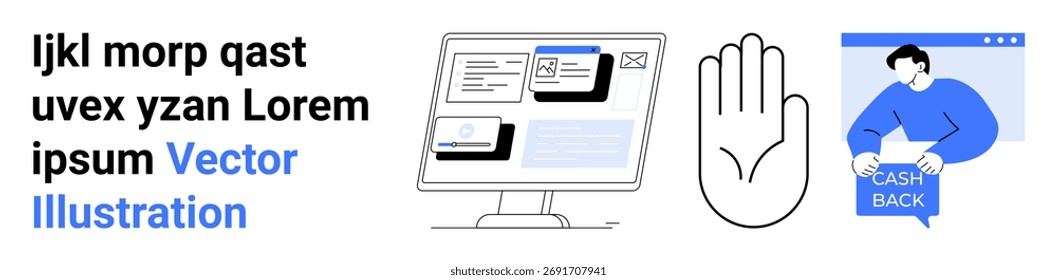 Computerbildschirm mit Textelementen, Handgeste, Person mit einem Cashback-Zeichen. Ideal für Cybersicherheit, E-Commerce, Online-Bildung, Finanzen, Kundenbetreuung, Webentwicklung, Marketing. Landung