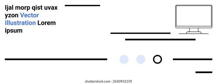 Computer monitor, text placeholders, horizontal lines. Ideal for web design, landing page templates, online services, tech businesses, modern interfaces, user experience, minimalistic design. Landing