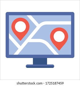 A computer monitor that displays maps of the distance between 2 location points.