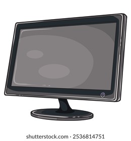 computer monitor. This is a device designed to display visual information from a computer. The monitor is rectangular in shape. The monitor has a black case and screen. It is mounted on a small stand