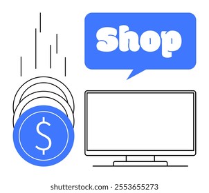 Computer monitor, three coins, and blue speech bubble saying Shop. Ideal for ecommerce, internet business, digital marketing, online payment systems, and retail promotions. Simple clean style