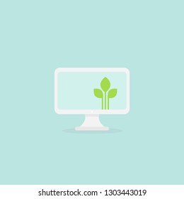 computer monitor with three green sprouts, sprigs with leaves. ecology use computer. notebook isolated on blue background. Eco friendly workplace. Vector illustration. Go green concept. Summer work.