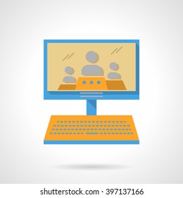 Computer monitor with three persons. Webinars. Online lecture. Distance education. Vector icon flat color style. Web design element for site, mobile and business.