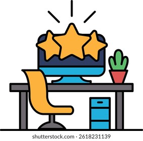 A computer monitor with three stars on it sits on a desk with a chair and a potted plant. Concept of achievement and success, as the three stars represent high ratings or positive feedback