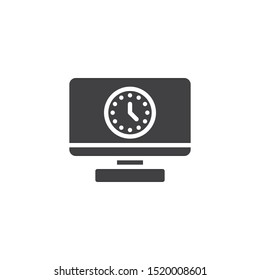 Computer monitor time vector icon. filled flat sign for mobile concept and web design. Clock screen glyph icon. Symbol, logo illustration. Vector graphics