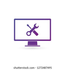 Computer monitor Tools icon. Repair and maintenance technical service. Vector illustration isolated on white background. Clean design.