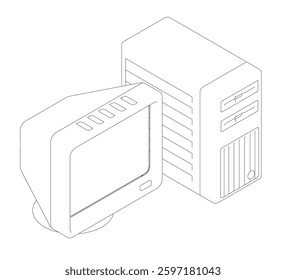 A computer monitor and a computer tower are shown in a black and white drawing. The computer tower is rectangular and has a keyboard and a mouse. The monitor is square and has a screen