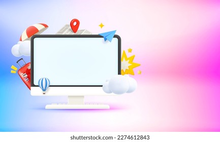 Computer monitor with travel elements and blank screen. 3d vector banner with copy space