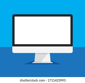 Computer monitor in a trendy flat style. Empty or blank display screen. Computer mock up isolated on blue background. Equipment for office. Vector illustration.