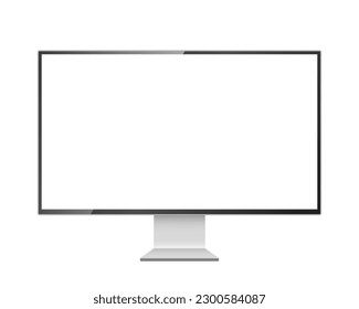 Computer monitor vector mockup. Pc template with blank screen. Silver desktop isolated on white background.