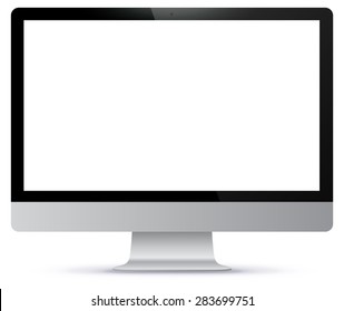 Computer monitor vector mockup with white blank screen. Realistic desktop PC display illustration isolated on white background. 